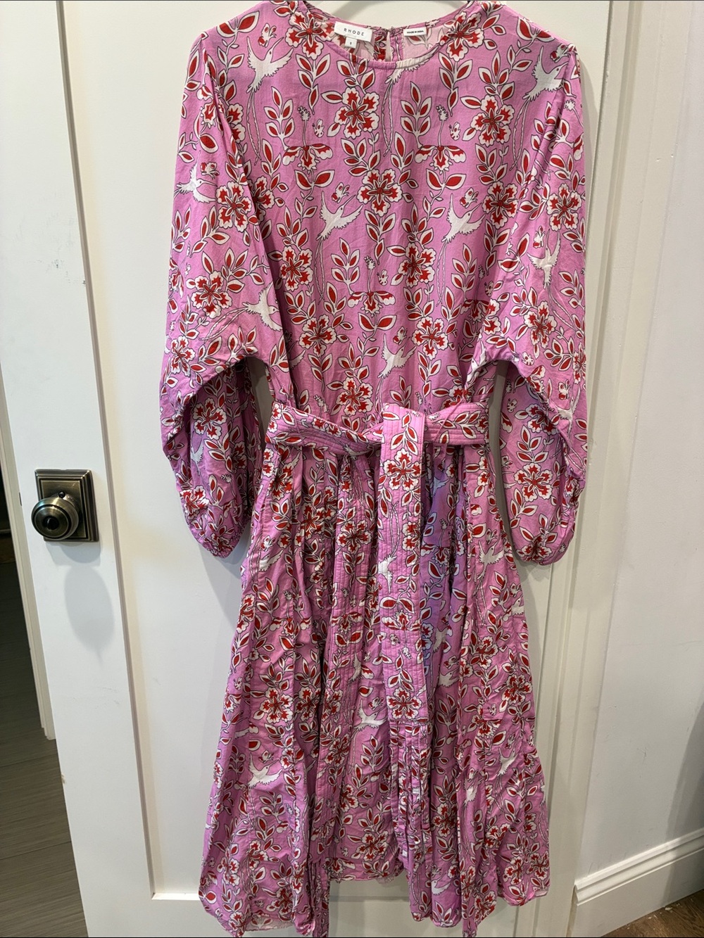 RHODE Pink Bird Print Midi Dress with Red Accents and Belt